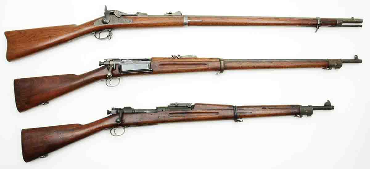 Between 1873 and 1903 American infantry rifles progressed as shown in this photo (top to bottom): a Model 1873 .45 Gov’t (.45-70), a Model 1896 .30 Army (.30-40 Krag) and a Model 1903 .30 US (.30-06).